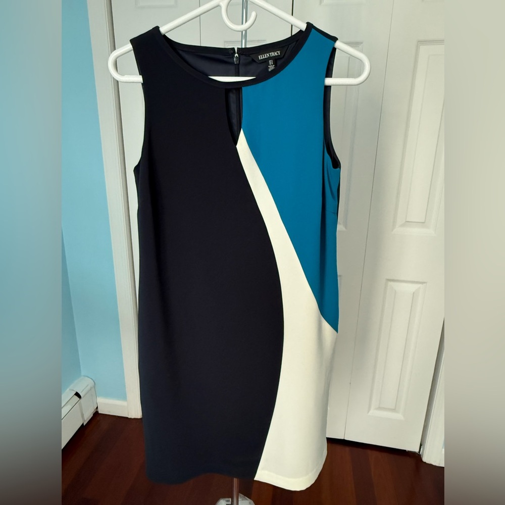 Ellen Tracy Blue and White Colorblock Dress